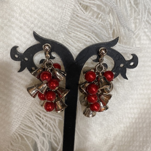 Silver Bells w/red berries pierced dangle earrings!  EUC! - Picture 3 of 6